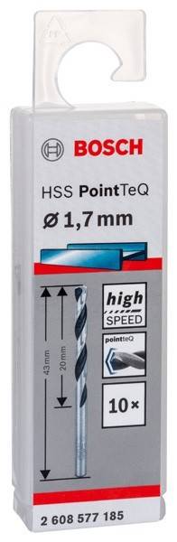 Bohrer-Packung mit Aufschrift HSS PointTeQ, Ø 1,7 mm, Hochgeschwindigkeit, enthält Bild eines Bohrers mit Pfeilen zur Anzeige von Länge und Tiefe.