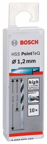Bohreretikett mit der Aufschrift 'HSS PointTeQ' und 'Ø 1,2 mm', was einen Hochgeschwindigkeitsstahl-Bohrer kennzeichnet. Zwei nach oben gerichtete Pfeile symbolisieren die Bohrrichtung.