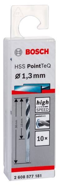 Verpackung für einen 1,3mm HSS PointTeQ Bohrer mit hochmoderner Konstruktion. Beinhaltet eine Abbildung mit Maßangaben und ein Etikett mit Markenbeschriftung.