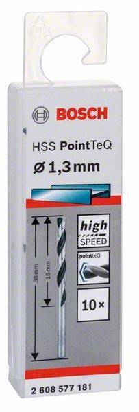 HSS PointTeQ Ø 1,3mm Bohrer, Verpackung mit Produkttyp und -größe. Bild enthält Grafiken für ‚Hochgeschwindigkeit' und Richtungspfeil.