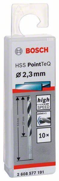 Bohrer-Verpackung für 'HSS PointTeQ' mit einem Bohrer von 2,3 mm Durchmesser. Enthält den Text 'High Speed' und eine Illustration des Bohrers.