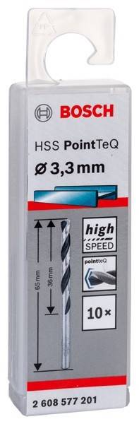Bohrer mit der Beschriftung HSS PointteQ 3,3 mm, hochgeschwindig, mit einem nach oben zeigenden Pfeil, der die Schnittrichtung angibt.