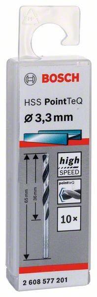 Bohrer-Verpackung mit der Bezeichnung 'HSS PointTeQ' mit einem Durchmesser von 3,3 mm und hochgeschwindigem Design.