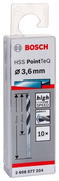 Packung mit HSS PointTeQ Bohrer, 3,6 mm Größe, hochgeschwindigkeits, mit einem Bild des Bohrers, geeignet für Metall- und Holzmaterialien.