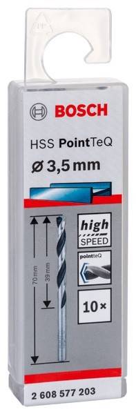 Eine Nahaufnahme eines Verpackungsetiketts für einen 3,5 mm HSS-PointTeQ-Bohrer. Das Etikett zeigt eine Darstellung eines Bohrers und enthält den Text 'high SPEEDteQ'.