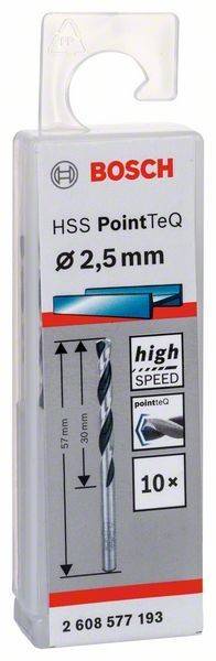 HSS 2,5 mm Bohrer-Verpackung mit 'High Speed' und 'pointeQ' Text, mit einer Abbildung eines Bohrers und Richtungspfeilen.