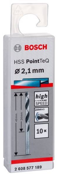 Bohrer-Set, beschriftet als HSS PointTeQ, Ø 2,1 mm, Hochgeschwindigkeitsbohrer. Enthält Abbildungen von Bohrern und blaues Rechteck-Grafik.