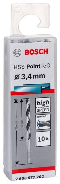 HSS PointTeQ, Ø 3,4 mm, Hochgeschwindigkeits-Bohrer-Verpackung mit Bohrer-Illustration und Größenindikator-Symbol.