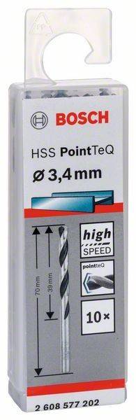 Verpackung eines 'HSS PointTeQ' Bohrers, 3,4 mm, gekennzeichnet als 'High Speed', mit einer Illustration des Bohrdesigns.