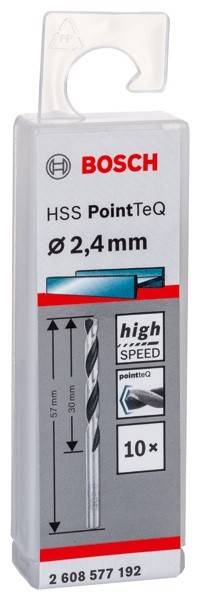 Ein Satz HSS PointTeQ Bohrer, Größe 2,4 mm, gekennzeichnet für Hochgeschwindigkeitsanwendungen, präsentiert mit grafischer Darstellung des Bohrers und Symbolen für schnelles Bohren.