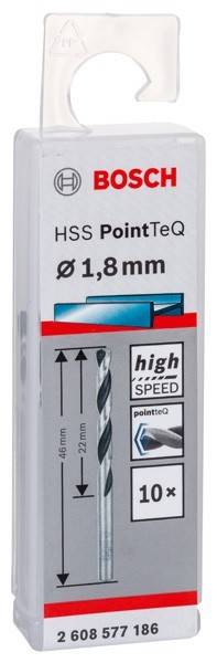Nahaufnahme einer HSS PointTeQ Bohrer-Verpackung, beschriftet mit 'Ø 1,8mm' und 'high speed', mit Darstellung des Bohrers.