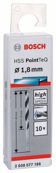 Eine Verpackung mit der Aufschrift 'HSS PointTeQ', die einen Bohrer mit einem Durchmesser von 1,8 mm enthält und die 'High-Speed'-Funktion mit einer blau-roten Grafik hervorhebt.