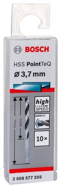 Bohrer-Verpackung mit Beschriftung 'HSS PointTeQ Ø 3,7 mm', die ein Bild eines Bohrers mit Pfeilen und hervorgehobener 'High-Speed'-Funktion zeigt.