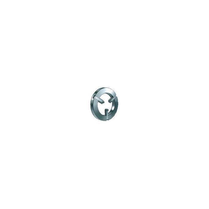 Kleines metallisches kreisförmiges Ring- oder Klemmensymbol zentriert auf einem einfachen weißen Hintergrund.