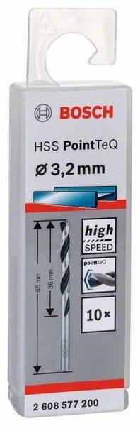 Metallbohrer-Verpackung, HSS PointTeQ, Durchmesser 3,2 mm. Merkmale umfassen Hochgeschwindigkeitsleistung und robuste Konstruktion.