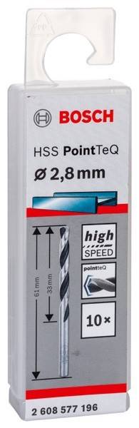 Hochgeschwindigkeits-HSS-PointTeQ-Bohrer, 2,8 mm Durchmesser, mit einer Abbildung des Bohrers und der Verpackung, die die Geschwindigkeitseffizienz hervorhebt.