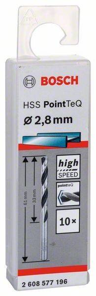 Eine Nahaufnahme einer Bohreretusche mit der Aufschrift 'HSS PointTeQ' und '⌀ 2,8 mm', die den Durchmesser des Bohrers anzeigt. Die Verpackung hebt 'high speed' hervor.