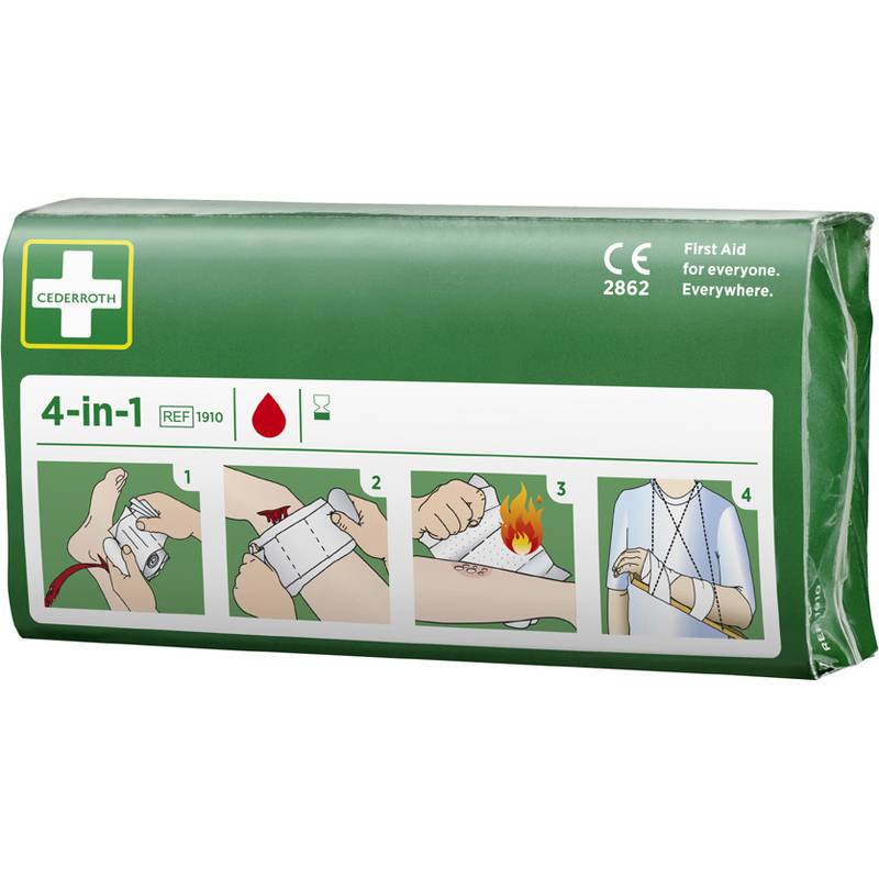Grünes Cederroth 4-in-1-Erste-Hilfe-Set mit Piktogrammen, die Schritte zur Wundbehandlung und Brandwundenbehandlung zeigen, einschließlich Armverbandung.