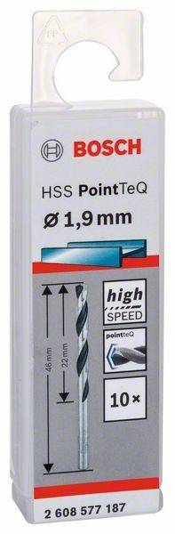 Bohrer-Verpackung mit Beschriftung 'HSS PointTeQ Ø 1,9 mm'. Bild eines Bohrers und Text 'high SPEED' auf der Verpackung.