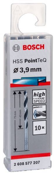 Verpackung zeigt einen 3,9 mm HSS PointTeQ Hochgeschwindigkeitsbohrer mit Abbildung und Produktname 