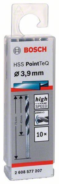 Eine Bohreretuikette, die einen HSS PointTeQ-Bohrer mit einem Durchmesser von 3,9 mm zeigt, gekennzeichnet als ‚high speed' und ‚pointeQ'.