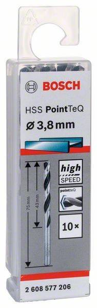 Verpackung für HSS PointTeQ Bohrer, Größe 3,8 mm. Enthält High-Speed-Etikett und Bild eines Bohrers mit aufwärts gerichteten Pfeilen.