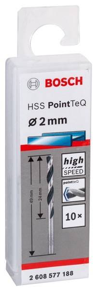 Bohreretikettierung mit Details: 'HSS PointTeQ', Größe 'Ø 2 mm', 'hohe GESCHWINDIGKEIT'.