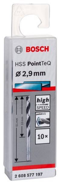 Ein Bohrerspitzen-Verpackung mit der Aufschrift 'HSS PointTeQ', 2,9 mm Größe, mit einer Grafik des Bohrers und Text, der auf 'High Speed' hinweist.