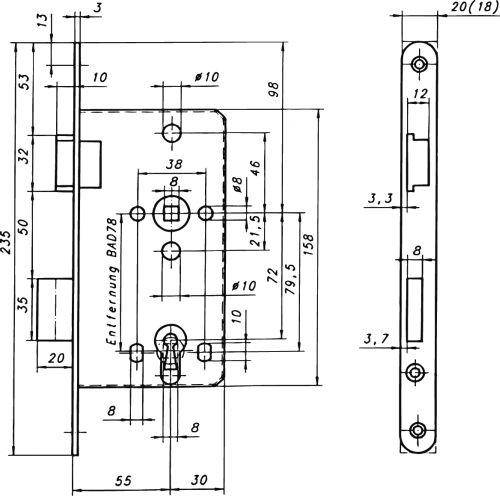 Zt-Einsteckschloss 8/55/ 78mm WC DIN L 20mm rd.Ede