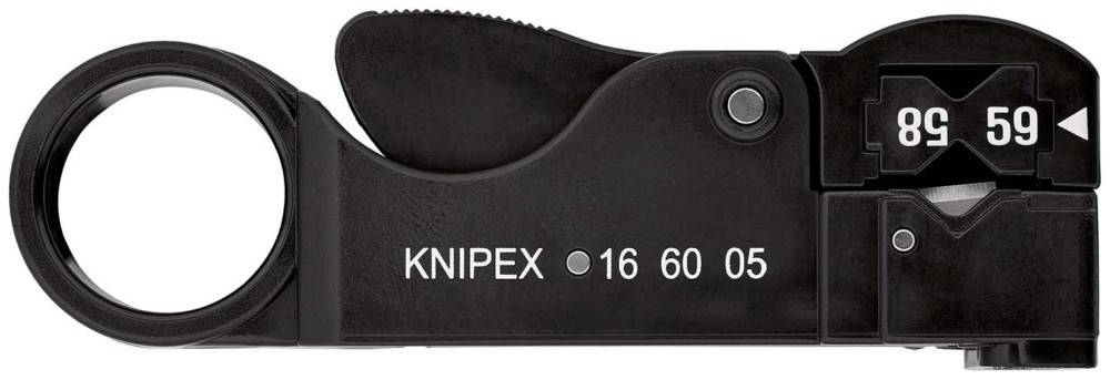 KNIPEX-Kabelschneider mit kreisförmiger Klingenöffnung und verstellbarem Messschieber, gekennzeichnet mit „KNIPEX 16 60 05