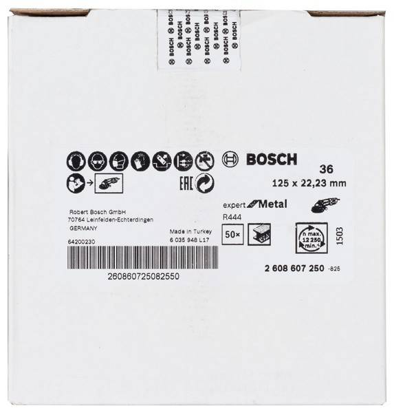 Eine weiße Box mit der Aufschrift 'Bosch 36 125 x 22,23 mm' mit Logos und Barcodes. Angaben beinhalten 'Experte für Metall', '50x', und 'Hergestellt in der Türkei'.