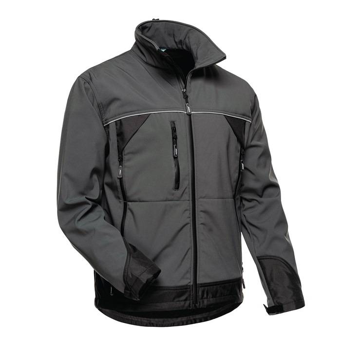 Graue Reißverschluss-Softshelljacke mit schwarzen Akzenten an Schultern, Ärmeln und Taschen, gezeigt auf einfachem weißem Hintergrund.