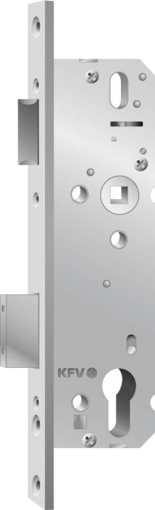 Nahaufnahme eines silbernen Metall-Einsteckschlossers für Türen mit Riegel, Bolzenöffnungen und Befestigungslöchern.