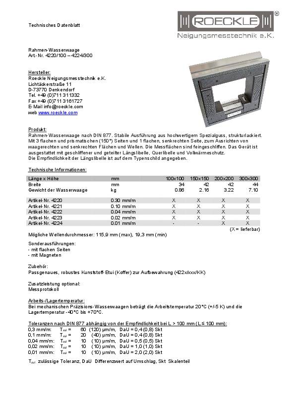 Rahmenwasserwaage DIN 877 Genauigk.0,1 mm/m 0,5 mm/m 150x150x42mm ROECKLE