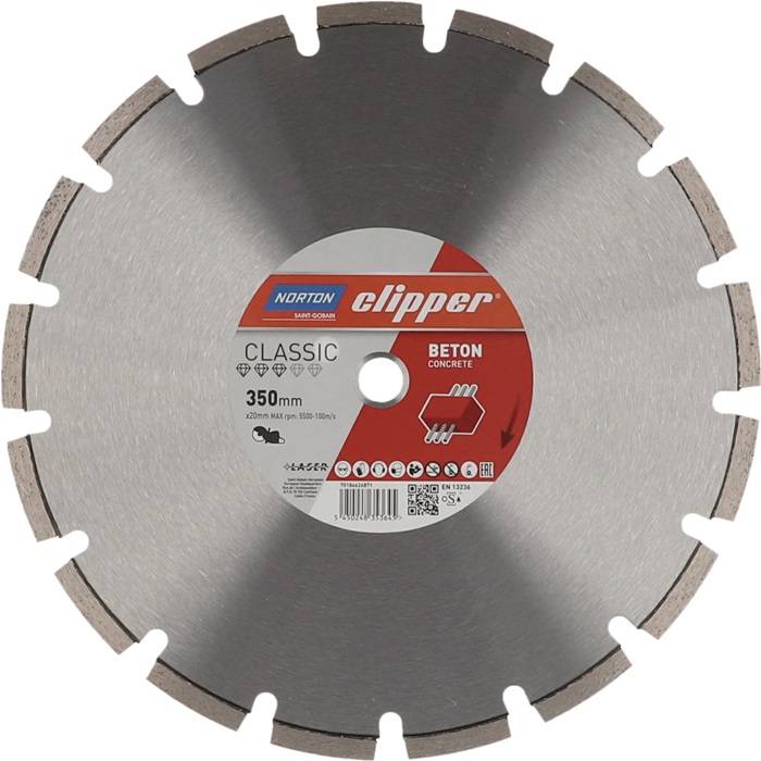 Ein kreisförmiges Betonschneidblatt der Marke 'Norton Clipper Classic Beton Concrete' mit einem Durchmesser von 350 mm, ausgestattet mit segmentierten Kanten für erhöhte Haltbarkeit.
