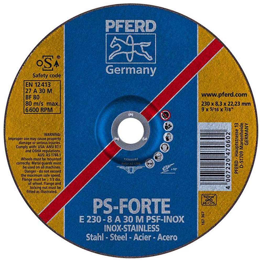 Schruppscheibe - PFERD - für Edelstahl (INOX) - Härte M - Ø 230 mm - Bezeichnung E 230-8 A 30 M PSF-INOX/22,23 - Maße (D x U x H) 230 x 8,3 x 22,2
