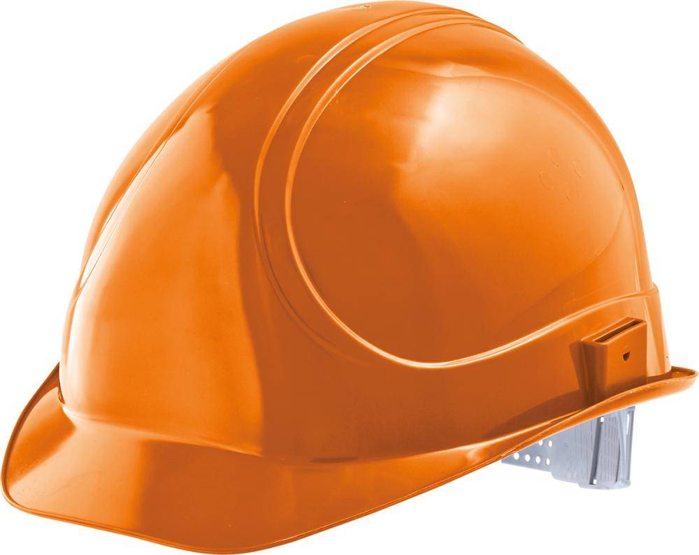 Orange Bauhelm auf weißem Hintergrund, dargestellt in Seitenansicht.