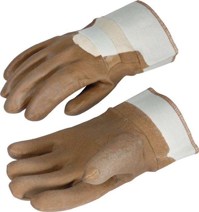 Schutzhandschuhe aus braunem Leder mit weißen Stulpen, für industrielle oder Sicherheitsanwendungen, aus einer Draufsichtsperspektive dargestellt.