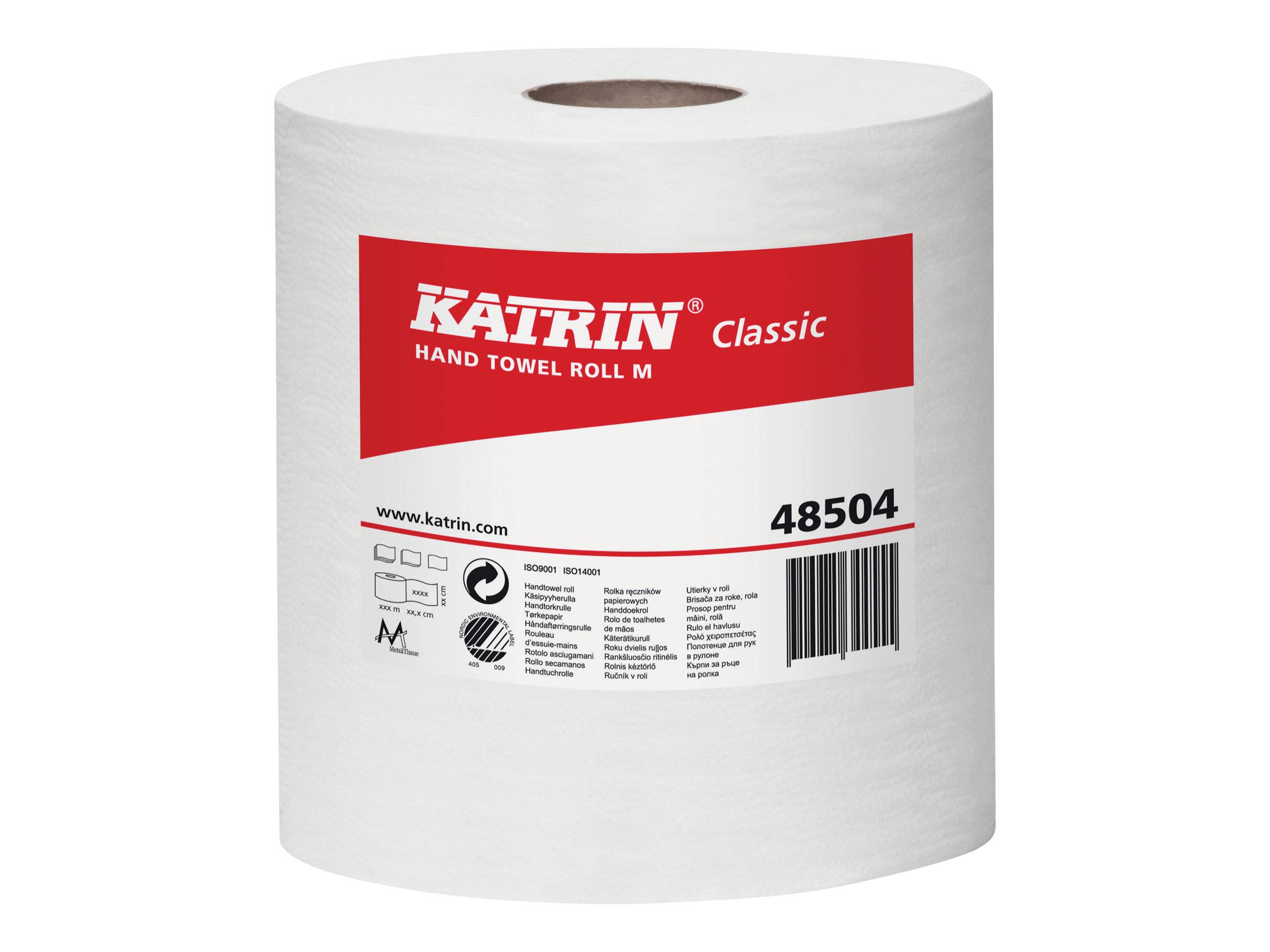 Weiße Katrin Classic Handtuchrolle mit rotem Etikett und Produktnummer 48504.