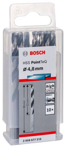 Bosch HSS PointTeQ Bohrer-Packung, Größe 4,8mm. Enthält vier Bohrer, die vertikal dargestellt sind. Verpackung zeigt Produktmarke und Merkmale.