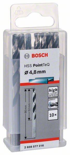 Bosch HSS PointTeQ Bohrer, Durchmesser 4,8 mm, Verpackung mit Grafiken für Geschwindigkeit und Schneidkante für Metallbearbeitung.