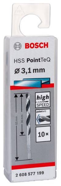 Paket eines 3,1 mm High-Speed-Bohrers mit spiralförmigem Design. Enthält Symbole, die Präzision und Effizienz beim Bohren anzeigen.