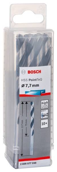 Ein Bosch HSS PointTeQ Bohrerwerkzeug in Verpackung, mit der Beschriftung 'Ø 7,7mm', enthält ein Bild des Bohrers und den Text 'high speed', der die Leistung anzeigt.