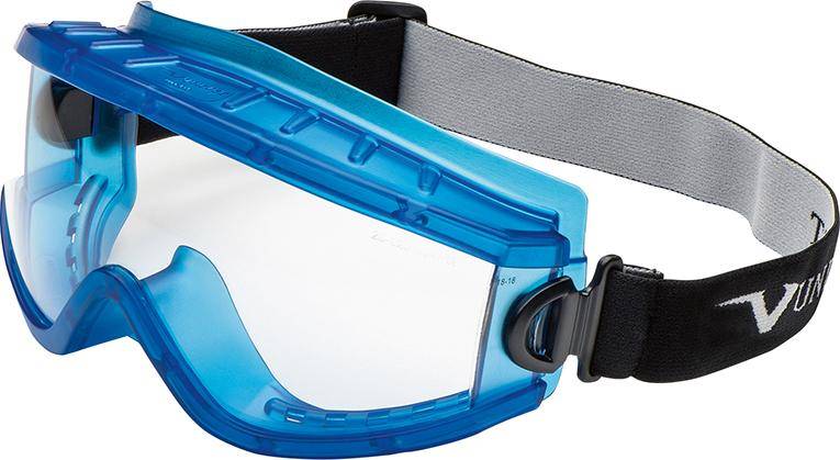 Blaue Schutzbrille mit verstellbarem schwarz-grauem Riemen auf weißem Hintergrund.
