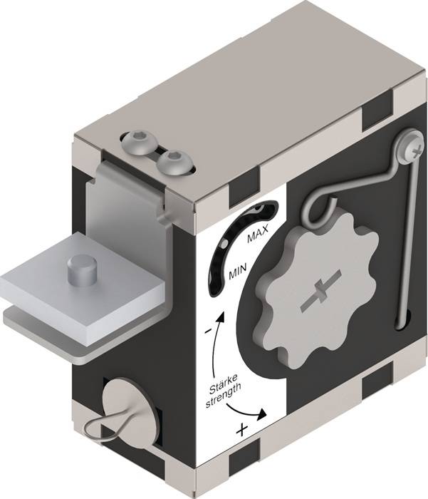 Magnetblock mit Einstellrad zur Regulierung der Haftkraft, von MIN bis MAX beschriftet, ausgestattet mit einer Kurbelhandkurbel und einem Auslösehebel an der Seite.