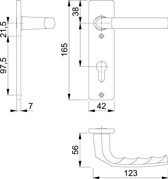 Diagramm eines Türgriffs mit Maßen: Plattenhöhe 165 mm, Breite 42 mm; Hebellänge 97,5 mm; gesamte Griffhöhe 215 mm.