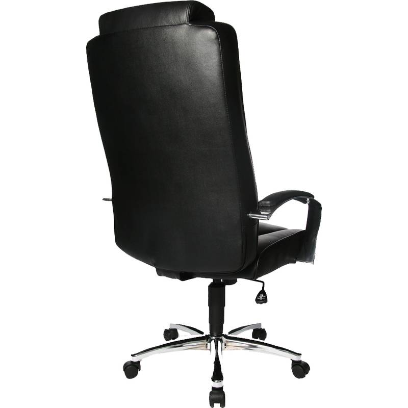 Ein schwarzer Bürostuhl aus Leder mit einem Höhenverstellhebel, gepolstertem Sitz und Rückenlehne; von hinten betrachtet.
