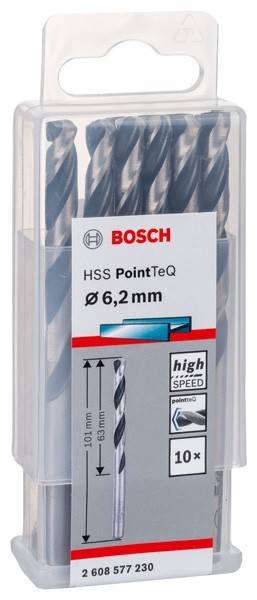 Packung der Marke 'Bosch' mit HSS PointTeQ Spiralbohrern, Größe 6,2 mm, mit hoher Geschwindigkeitsfähigkeit, in der zwei Bohrer zu sehen sind.