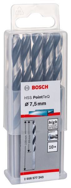 Eine Packung Bosch HSS PointTeQ Bohrer, Größe 7,5 mm, in einer transparenten Hülle, gekennzeichnet als „hochgeschwindig