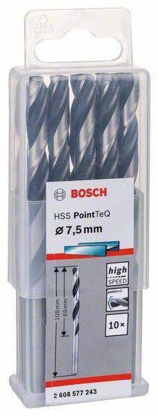 Bosch 7,5 mm HSS-Spiralbohrer PointTeQ in einer transparenten Kunststoffbox, mit einem Etikett mit dem Bosch-Logo und einer Beschreibung.